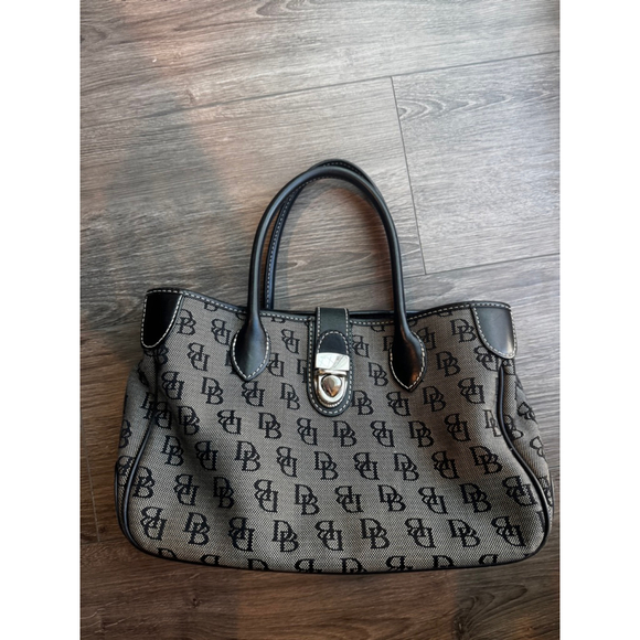 Dooney & Bourke Handbags - Dooney & Bourke DB Monogram Satchel Black Grey Canvas Leather Trim Shoulder Bag